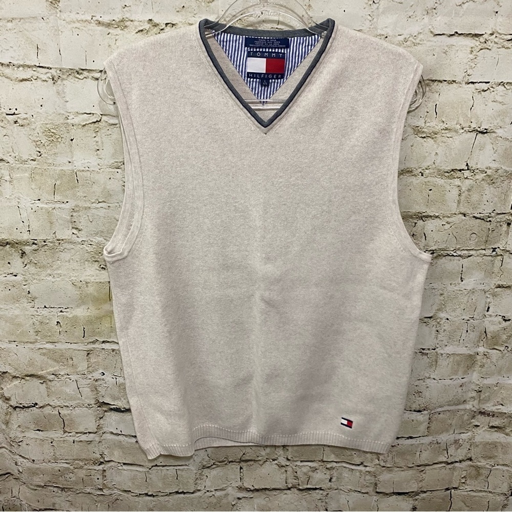 Tommy Hilfiger Beige Gray Cotton Heavy V Neck Sweater Vest - Picture 1 of 5